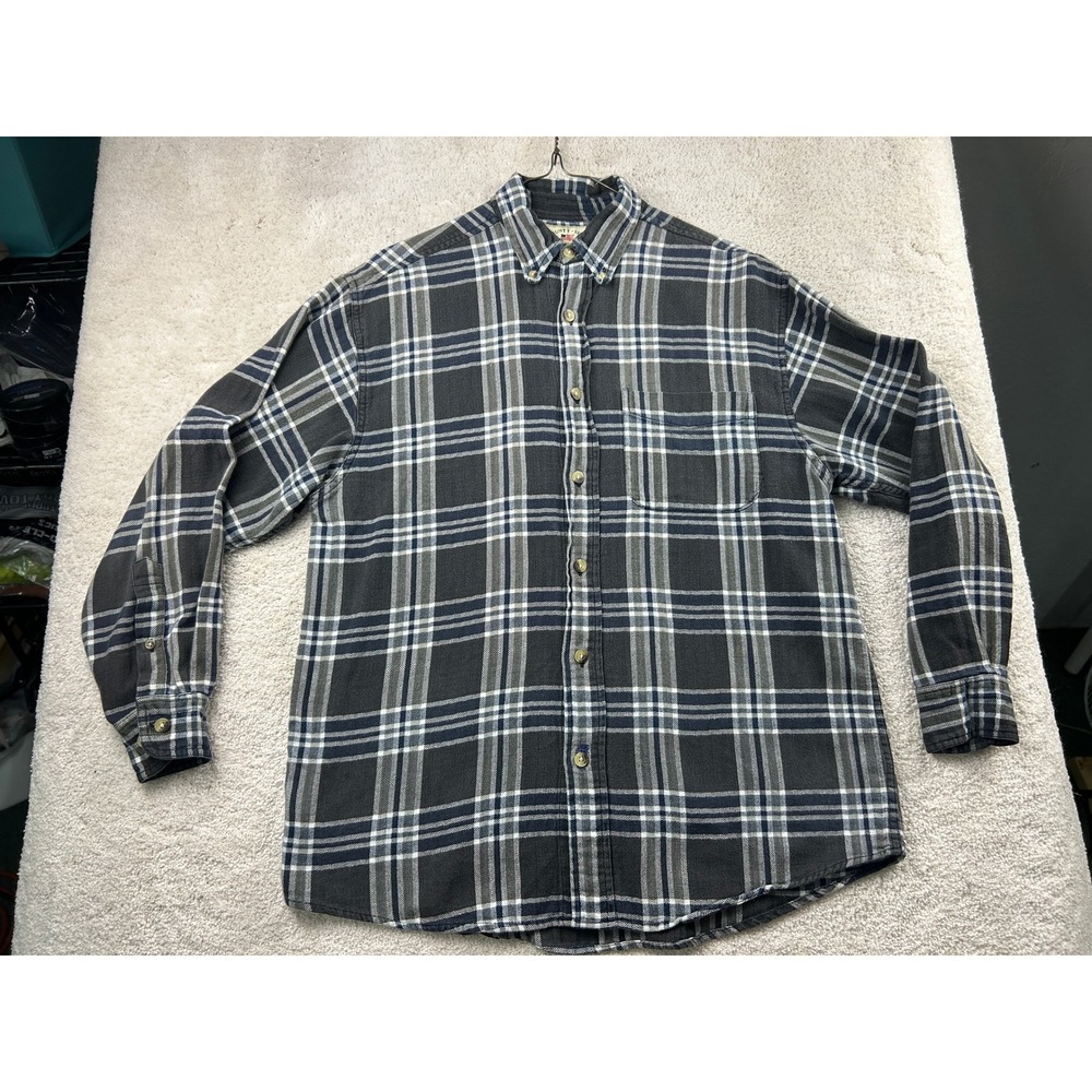 County Seat Plaid Flannel M Grey Navy Blue Cotton Grunge Cabin 90s Heritage